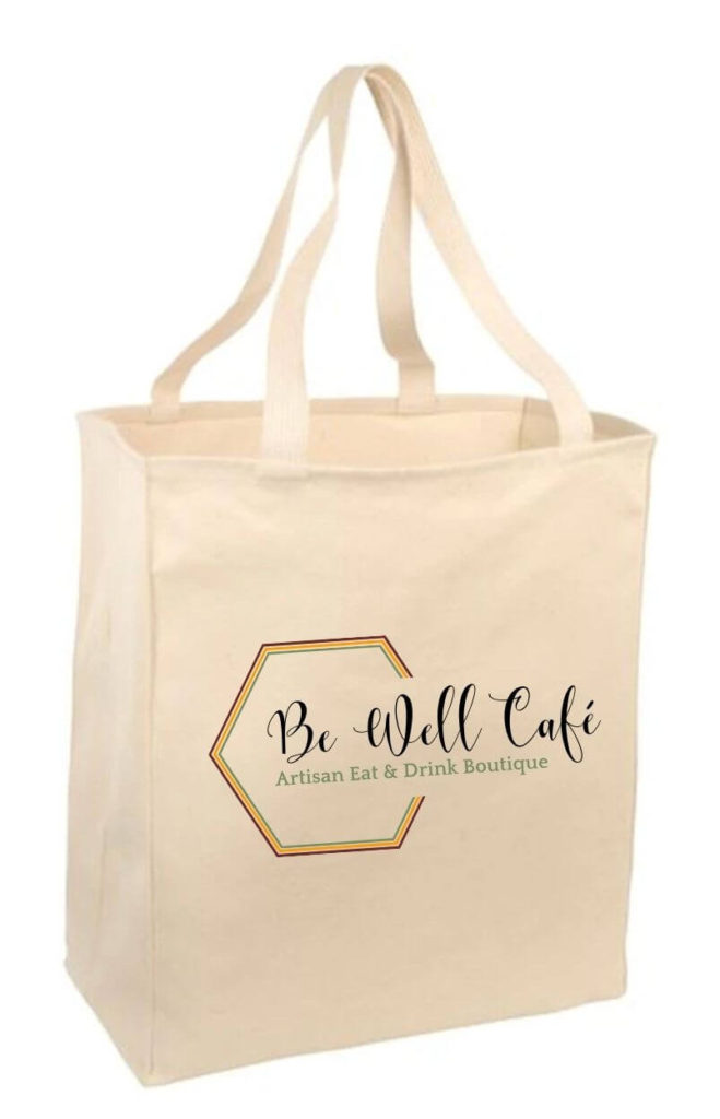 Canvas bag with Be Well Cafe logo on the front